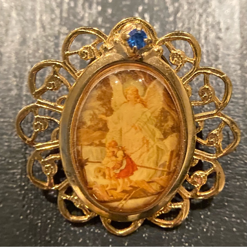 Vintage gold tone ‘’Ballou” Guardian Angel Pin Brooch. September Birthstone.